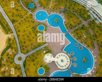 QUY NHON/VIETNAM, APR 2019 - Top View from Drohne of FLC Quy Nhon a 5 Star Luxury Hotel in Nhon Ly Coastal Province of Binh Dinh, Central of Vietnam Stockfoto