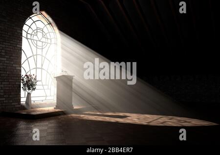 Ein dunkler Kircheninnenraum, der von Sonneneinstrahlung beleuchtet wird, dringt durch ein Glasfenster im Muster eines Kruzifixes, das auf einer Sprechkanzel glänzt - 3D-Rendering Stockfoto