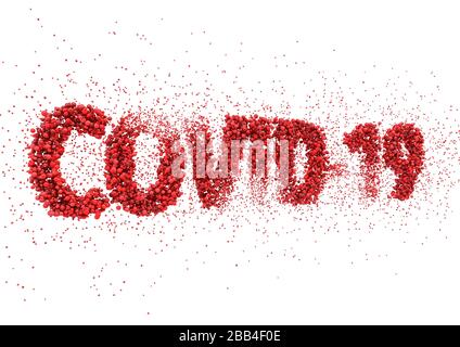 Ein Text aus der Nahansicht, der aus roten Virusmolekülen besteht und das Wort "Kovid 19" auf weißem Hintergrund ausschließt - 3D-Rendering Stockfoto