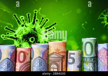 Europa Stockmarket-Chart-Abwärtstrend mit Banknotenhintergrund, Covid19-Virus-Pandemie-Krise, Euro aufgerollt Stockfoto
