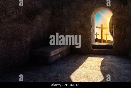 Er ist auferstanden. Leeres Grab. Kreuzigung am Sonnenaufgang. -3d-Rendering. - Abbildung. Stockfoto