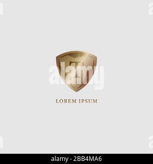 Designvorlage für das T-Alphabet-Logo auf hellgrauem Hintergrund isoliert. Luxuriöse goldene dekorative Schilderzeichnung. Sicherheit, Schutzlogo Stock Vektor