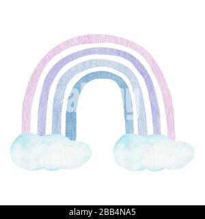 Regenbogen und Wolken in neutralen Pastellfarben auf weißem Hintergrund. Kindliche Kunstillustration clipart in zärtlich skandinavischem Stil. Stockfoto