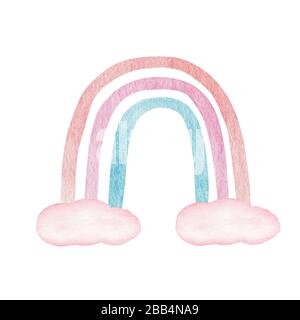 In süßen Pastelltönen gehaltene Regenbogenfarben und Wolken auf weißem Hintergrund. Kindergartenkunst, Babygrafiken. Modischer skandinavischer Stil. Stockfoto