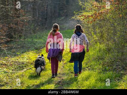 28. März 2020, Brandenburg, Falkenhagen: Zwei Mädchen sind mit einem Hund auf einem Waldweg. Foto: Patrick Pleul / dpa-Zentralbild / ZB Stockfoto