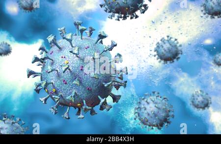 Corona-Virenszene mit detaillierter Struktur. Blaue Motive auf blauem Hintergrund. 3D-Rendering. Stockfoto