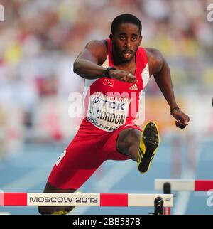 Jehue Gordon von Trinidad und Tobago im Einsatz während des 400-m-Hürden-Halbfinales der Männer am vierten Tag der IAAF-Leichtathletik-Weltmeisterschaften 2013 im Luzhniki-Stadion in Moskau, Russland. Stockfoto