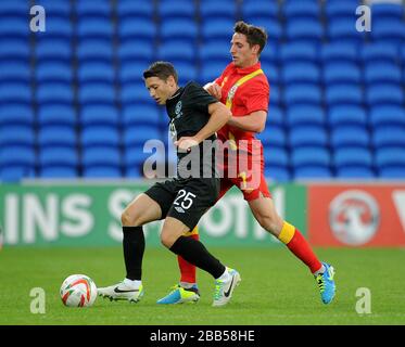 Wes Hoolahan (links) und Joe allen (rechts) der Republik Irland kämpfen beim Internationalen Freundschaftsspiel im Cardiff City Stadium um den Ball. Stockfoto