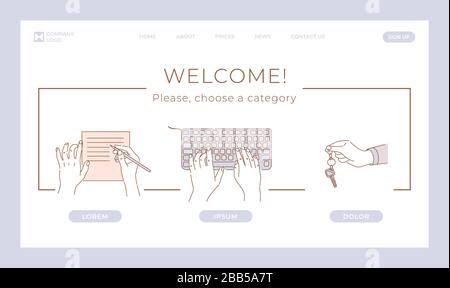 Hypothekenkredit, Mietwagenvektor Landing Page Konzept. Hands making Checkliste, Einkaufsliste oder Vertrag, and hands typing on Keyboard, Holding keys Vector Cartoon Outline Illustration. Stock Vektor