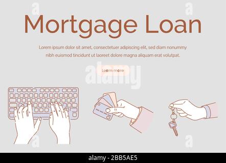 Hypothekenkredit Landing Page Konzept. Hände, die auf der Tastatur tippen, und Hände halten Kreditkarten und Tasten Vektor-Cartoon-Illustration. Mietwohnungen, Immobilienfirma Webbanner Designkonzept. Stock Vektor