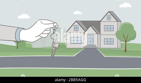 Hände halten Tasten und moderne Landhausvektor-Cartoon-Illustration. Hypothekenkredit, Mieten eines Hauskonzepts. Kaufen Sie neues Haus, Haus für alle, Mietwohnungen, Immobilienfirma Banner Designvorlage. Stock Vektor