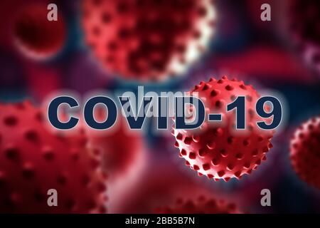 Collage von Grippe COVID-19-Viruszellen im Blut unter dem Mikroskop. Coronavirus Covid-19 Worthintergrund . Medizinisches Konzept Stockfoto