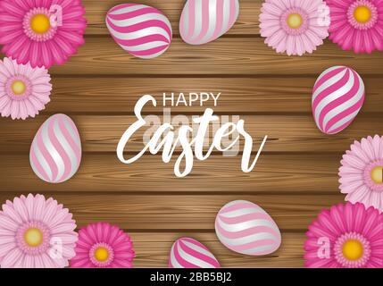 osterhintergrund mit Blumen und verzierten Eiern Stock Vektor