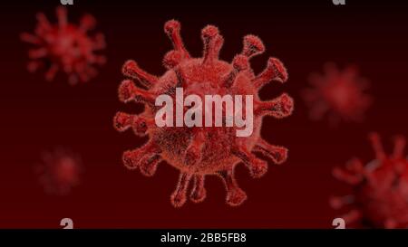 Corona-Virus - Mikrobiologie und Virologie - Mikroskopvirusnahaufnahme - 3D-Rendering Stockfoto