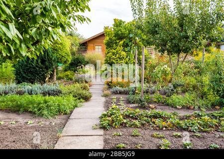 Traditionelle deutsche Gartenanlage mit kleinem Bungalow und Bio-Obst- und Gemüsepflaster Stockfoto