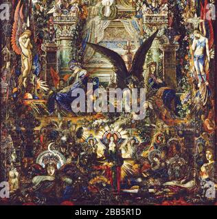 GUSTAVE MOREAU Vintage Art abstrakt, Kunst, Kunst, Kunst, Kentaur, Kopie, Kreation, Zeichnen, Zeichnen, Auge, berühmt, Grafik, gustave, Interieur, Meisterwerk, moreau, Museum, Mythos, alt, Farbe, Maler, Malerei, Papier, paris, Dichter, Nachbildung, Retro, Treppe, Textur, Urban, Vintage Stockfoto