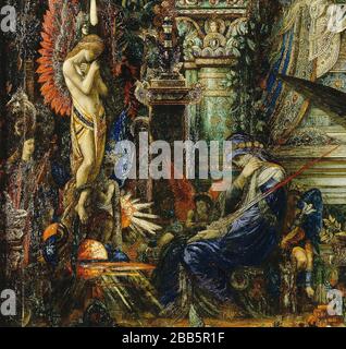 GUSTAVE MOREAU Vintage Art abstrakt, Kunst, Kunst, Kunst, Kentaur, Kopie, Kreation, Zeichnen, Zeichnen, Auge, berühmt, Grafik, gustave, Interieur, Meisterwerk, moreau, Museum, Mythos, alt, Farbe, Maler, Malerei, Papier, paris, Dichter, Nachbildung, Retro, Treppe, Textur, Urban, Vintage Stockfoto