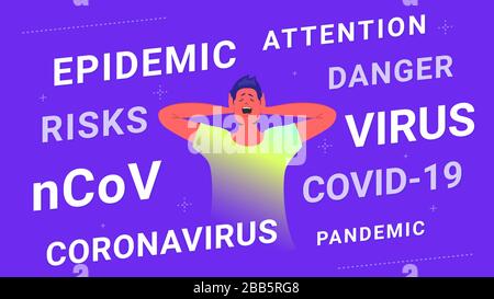 Coronavirus infodemic. Flache Vektorgrafiken erschreckten jungen Mann stehend und schreiend. Er benötigt Hilfe, um die Informationen über die Pandemie von Kovid-19 an zu reduzieren Stock Vektor