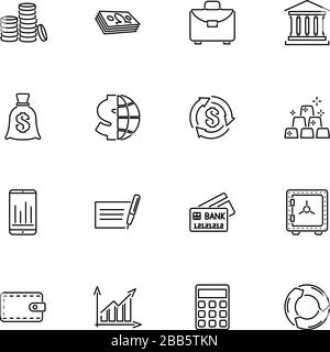 Symbole für Finanzen, Geld, Münzumrisse - schwarzes Symbol auf weißem Hintergrund. Einfaches Symbol für Finanzen, Geld, Münzen - gefütterte Einfachheit Si Stock Vektor