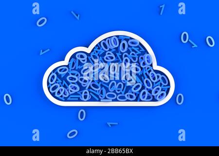 Cloud Shape mit Nullen und Nullen auf blauem Hintergrund, Technologie, Daten- oder Speicherkonzept - 3D-Darstellung Stockfoto