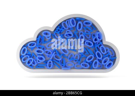 Cloud-Form mit Nullen und Nullen auf weißem Hintergrund, Technologie, Daten- oder Speicherkonzept - 3D-Darstellung Stockfoto