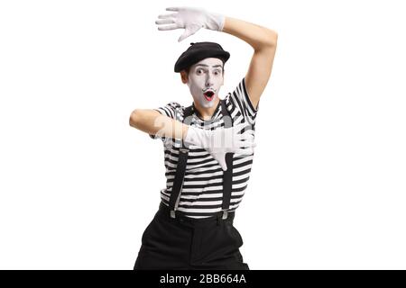 MIME-Künstler mit isolierten Händen auf weißem Hintergrund Stockfoto