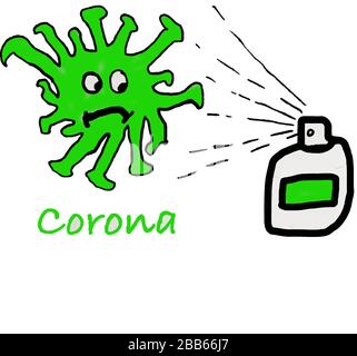 Ein grüner komischer Cartoon-Stil, Kovid 19 Corona-Virus, der von einer Flasche Desinfektionsmittel gestoppt wurde, köln - Vektor, Illustration Stock Vektor