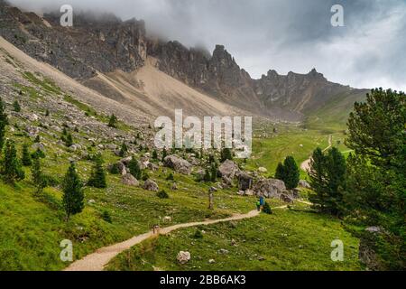 Paare wandern auf dem Naturpfad Latemar, Südtirol, Italien Stockfoto