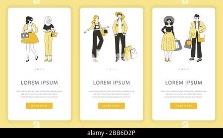 Online-Shopping Mobile App-Bildschirme. Menschen in modischer Kleidung, die Einkaufspakete tragen Vektor skizzieren Cartoon-Illustration. Sonderangebot, Einkaufen, Verkauf im Shop Website-Vorlage. Stock Vektor