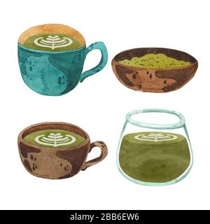 Matcha-Tee-Set mit Getränken. Aquarell-Sammlung von Matcha-Tee und Pulver Stockfoto