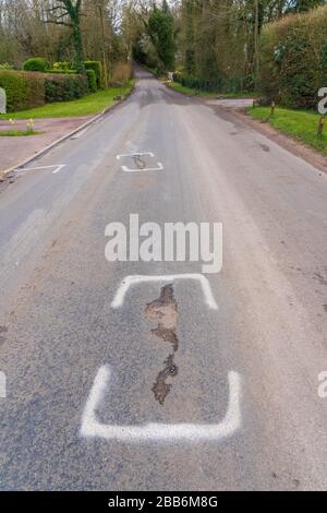 Weiße, mit Sprühfarbe lackierte Markierungen, die von Fremdfirmen für zukünftige Straßenbauarbeiten auf der Straße hinterlassen wurden. Perry Green, Much Hadham, Hertfordshire. GROSSBRITANNIEN Stockfoto