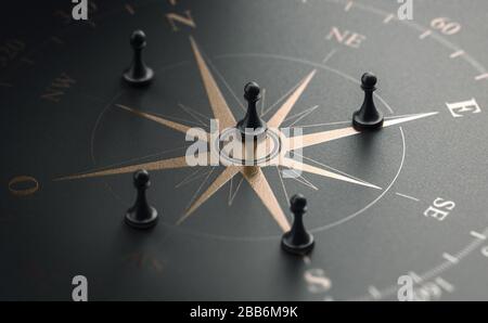 3D-Darstellung einer goldenen Kompassrose über schwarzem Hintergrund mit fünf Pfennigen. Geschäftsstrategie und Leitfadens