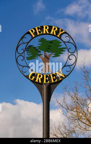 Dorfschild im Dorf Perry Green, Much Hadham. Hertfordshire. GROSSBRITANNIEN Stockfoto