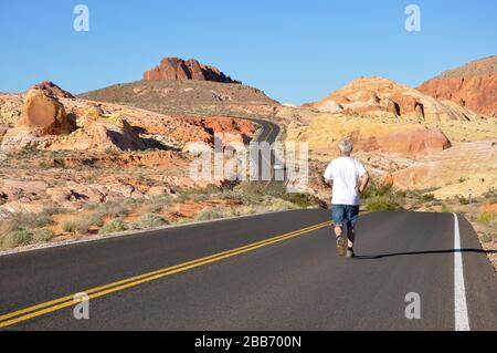 Man joggt durch die Wüste, Valley of Fire State Park, Nevada, USA Stockfoto