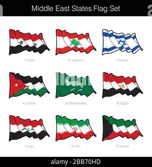 Mittlerer Osten Staaten Schwenkt Flagge Gesetzt. Der Satz umfasst die Flaggen von Syrien, Libanon, Israel, Jordanien, Saudi-Arabien, Ägypten, Irak, Iran und Kuwait. Vektor i. Stock Vektor