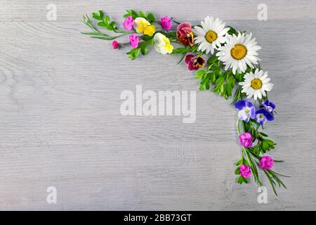 Blumenzusammensetzung. Der Rahmen besteht aus Blumen aus Gesimsen, Veilchen und phlox. Flache Lage, Draufsicht. Freier Speicherplatz für Text. Stockfoto