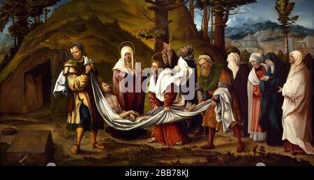 Christus wird etwa 1520 von Hans Burgkmair in einem historischen religiösen Tafelbild der nordischen Renaissance zur Grabstätte getragen, das die Grablegung von Jesus Christus zeigt Stockfoto