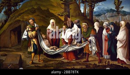 Christus wird etwa 1520 von Hans Burgkmair in einem historischen religiösen Tafelbild der nordischen Renaissance zur Grabstätte getragen, das die Grablegung von Jesus Christus zeigt Stockfoto