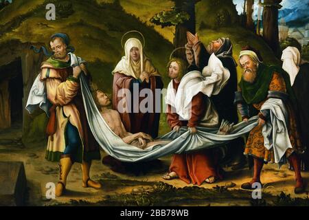 Christus wird etwa 1520 von Hans Burgkmair in einem historischen religiösen Tafelbild der nordischen Renaissance zur Grabstätte getragen, das die Grablegung von Jesus Christus zeigt Stockfoto