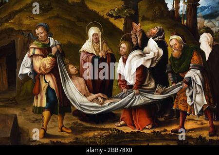 Christus wird etwa 1520 von Hans Burgkmair in einem historischen religiösen Tafelbild der nordischen Renaissance zur Grabstätte getragen, das die Grablegung von Jesus Christus zeigt Stockfoto