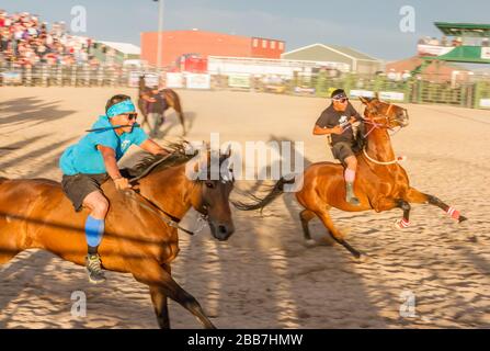 Die Teilnehmer an den Rennen der Indian Relay galoppieren aus der Arena und auf die Rennstrecke. Stockfoto