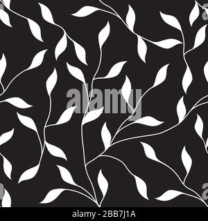 Schwarz-weiße Blätter und Ranken nahtlose, sich wiederholende Vektormuster Stock Vektor