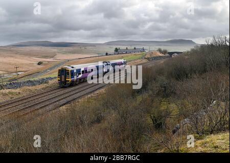 Ein für Leeds gebundener Sprinter-Personenzug passiert Salt Lake Cottages in der Nähe des Kopfes von Ribblesdale an der Bahnstrecke Settle-Carlisle. Stockfoto