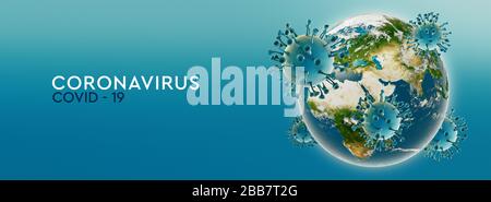 Hochauflösendes Banner Coronavirus, infizierte Welt oder Erde. Gefährlicher asiatischer NCOV-Corona-Virus. Text auf blauem Hintergrund. 3D-Rendering Stockfoto