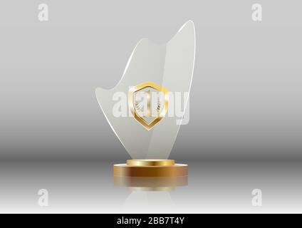 Glass Shining Golden Trophäe. Mit dem goldenen Schild. Stock Vektor