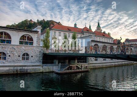 Metzgerbrücke im Herzen von Ljubljana, Slowenien Stockfoto