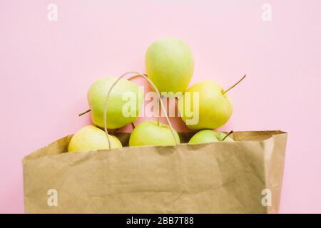Äpfel in Papiertüte auf pinkfarbenem Hintergrund flach gelegt. Einkauf ohne Abfall, ohne Kunststoff. Einkaufen von Lebensmitteln online. Bestellen Sie frische Bio-Lebensmittel und holen Sie sie d Stockfoto