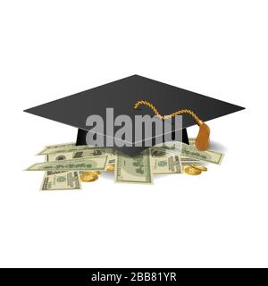Graduierungskappe auf Geldhaufen und Münzen, Konzept der Bildungskosten. Investitionen in Bildung. Stock Vektor