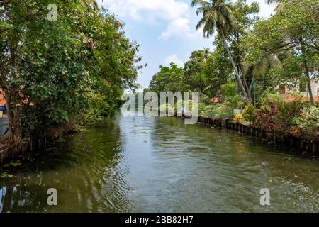 Auf einem Boot, das auf einem Hinterwasserkanal unterwegs ist. An einem sonnigen Frühlings-Nachmittag ohne Leute, Kerala, Indien Stockfoto