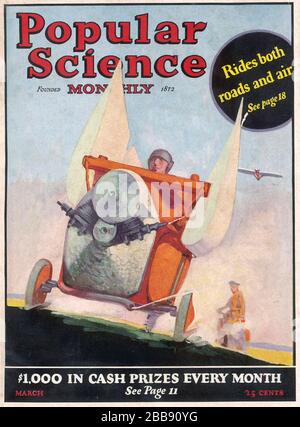 J. H MAYKEMPER Deutscher Bauingenieur aus Frankfurt mit seinem Flying Car auf dem Cover der amerikanischen Zeitschrift Popular Science im März 1926. Stockfoto